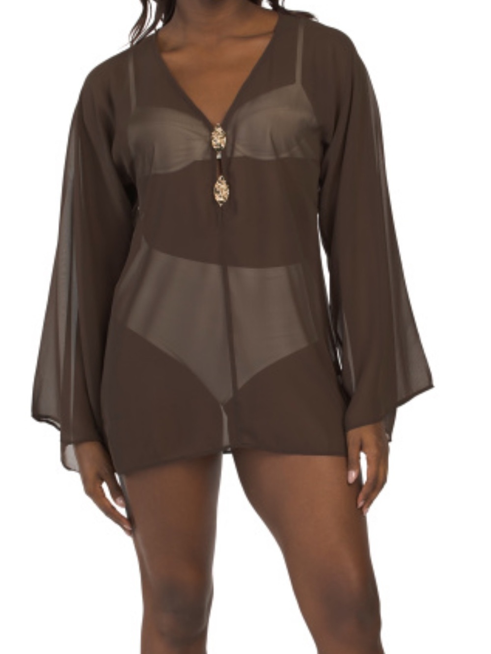 TRUE DESTINATION Solid Flowy Bell Sleeve V-neck Cover-up Tunic With Gold Tone Ha